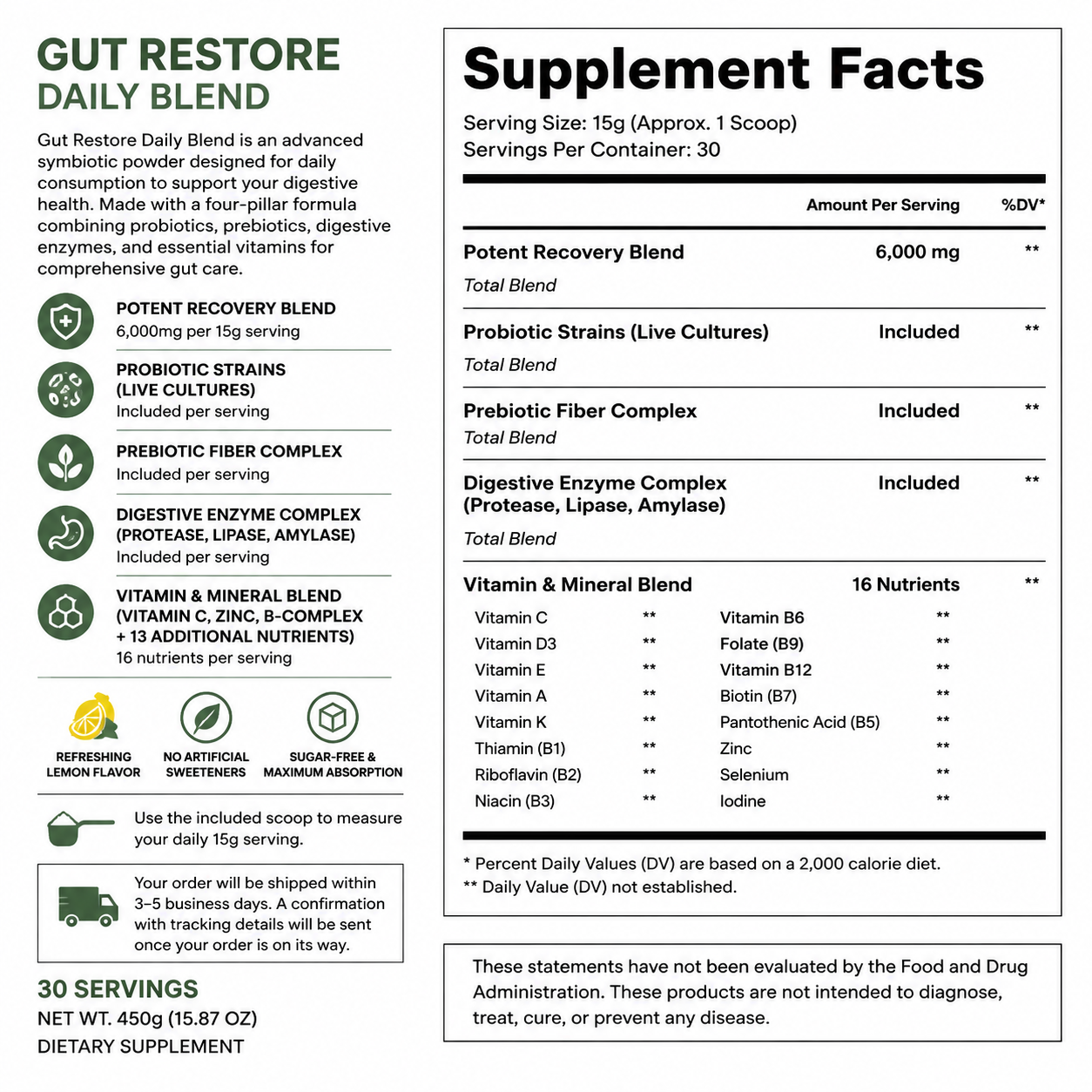 All-in-one Gut Support (450 grams) - lemon flavour — Supplement Facts