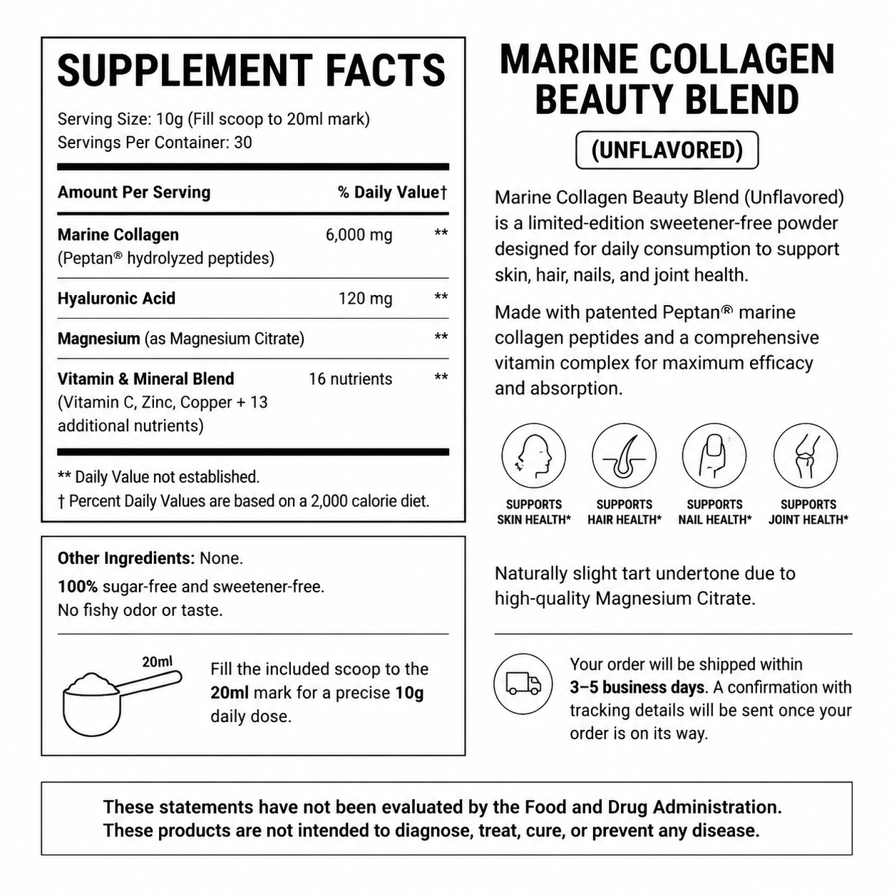 Marine (Fish) Collagen Beauty Blend (300 grams - 30 servings - neutral flavor) — Supplement Facts