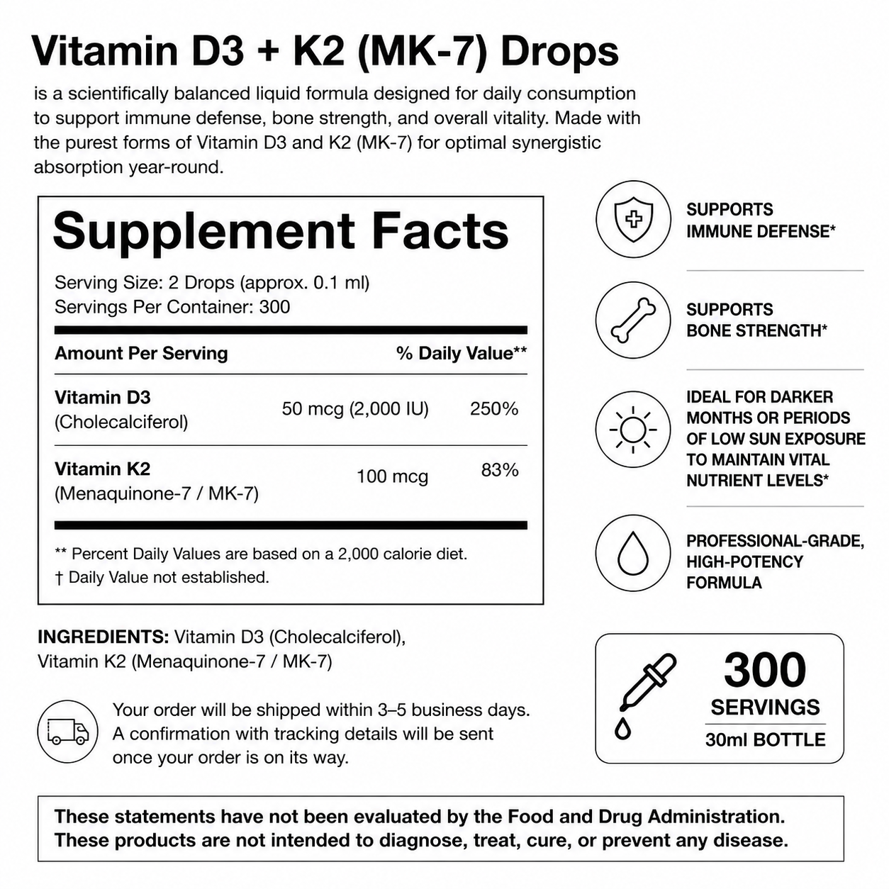 Vitamin D3 + K2 drops | 30ml | 300 doses of 500% RDA — Supplement Facts